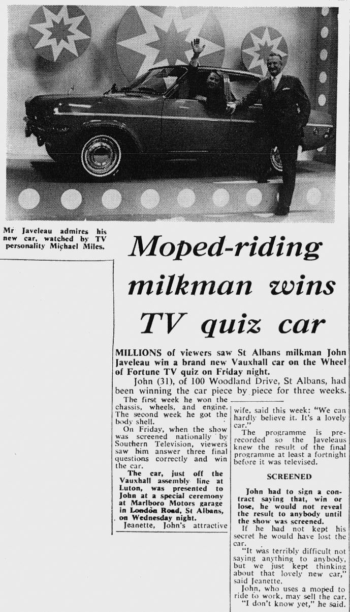 1971 St Albans milkman John Javeleau won a new Vauxhall car on the 'Wheel of Fortune' TV Quiz show. (Express News Spring)