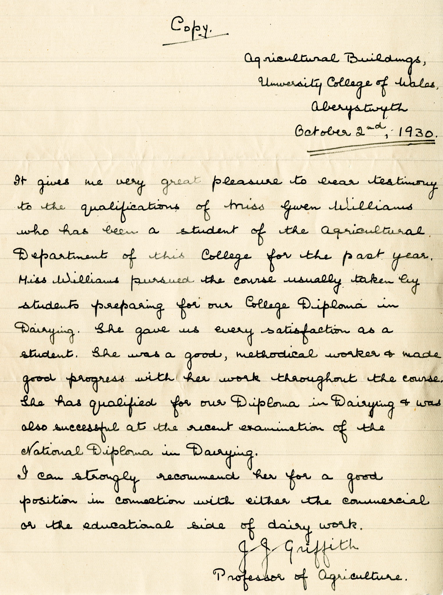 1930 Ruyton Co-operative Dairies-Cheesemaker Job Applications-Miss Gwen Williams.