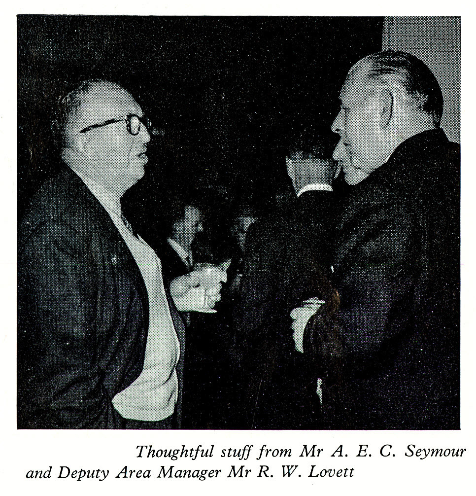 1961 Long Service Dinner at The Grosvenor Rooms, Mr A.E.C. Seymour (Retired) and Mr R.W. Lovett (Deputy Area Manager, Ruislip). (LSA Annual Review)