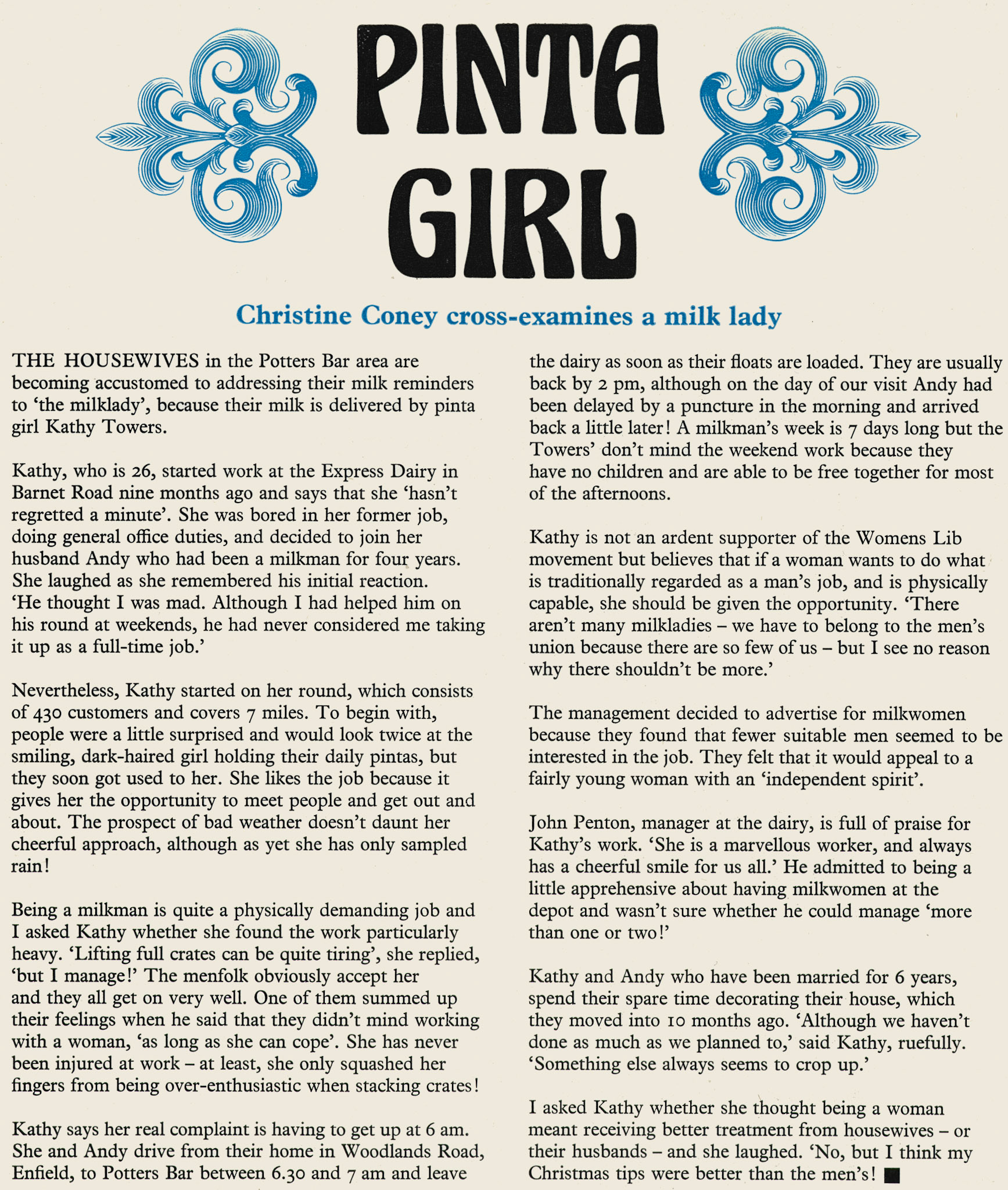 1975 Profile of Potters Bar milk lady Kathy Towers. (Express News Spring)