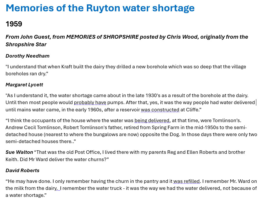 1959 Memories of the Ruyton water shortage. Express Dairy Tales publication.