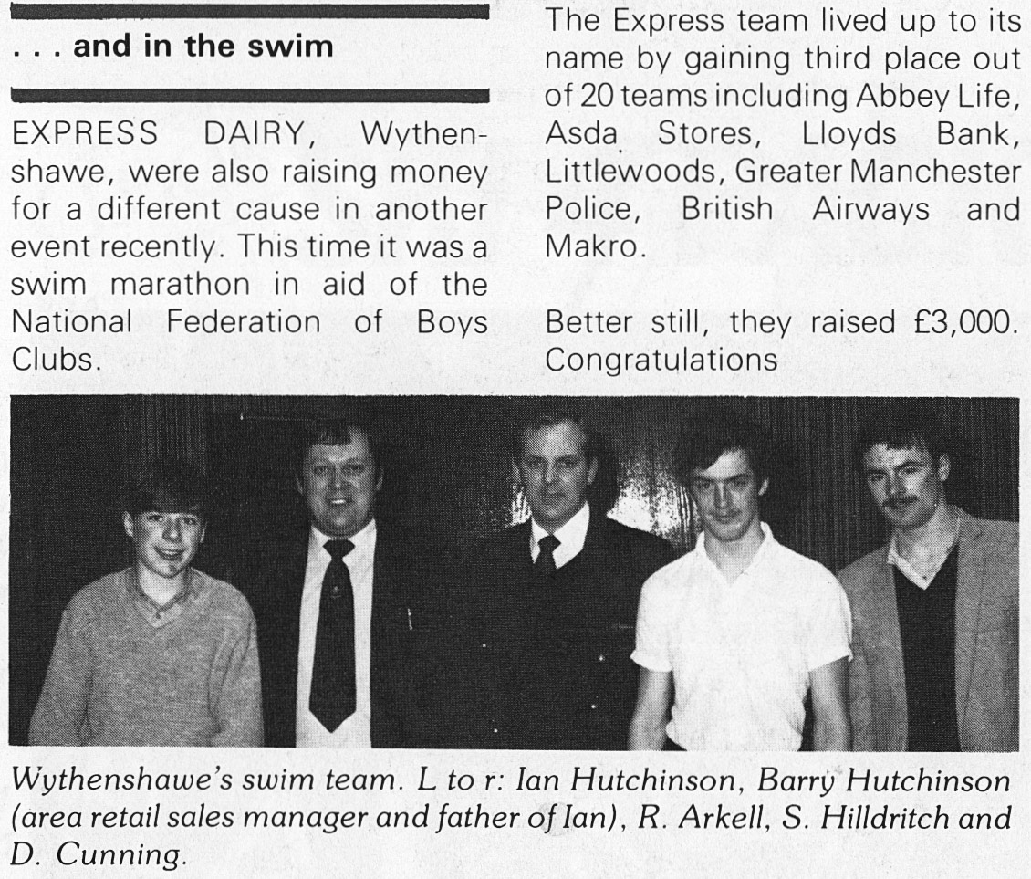 1983 Wythenshawe doing a swim marathon in aid of the National Federation of Boys Clubs.