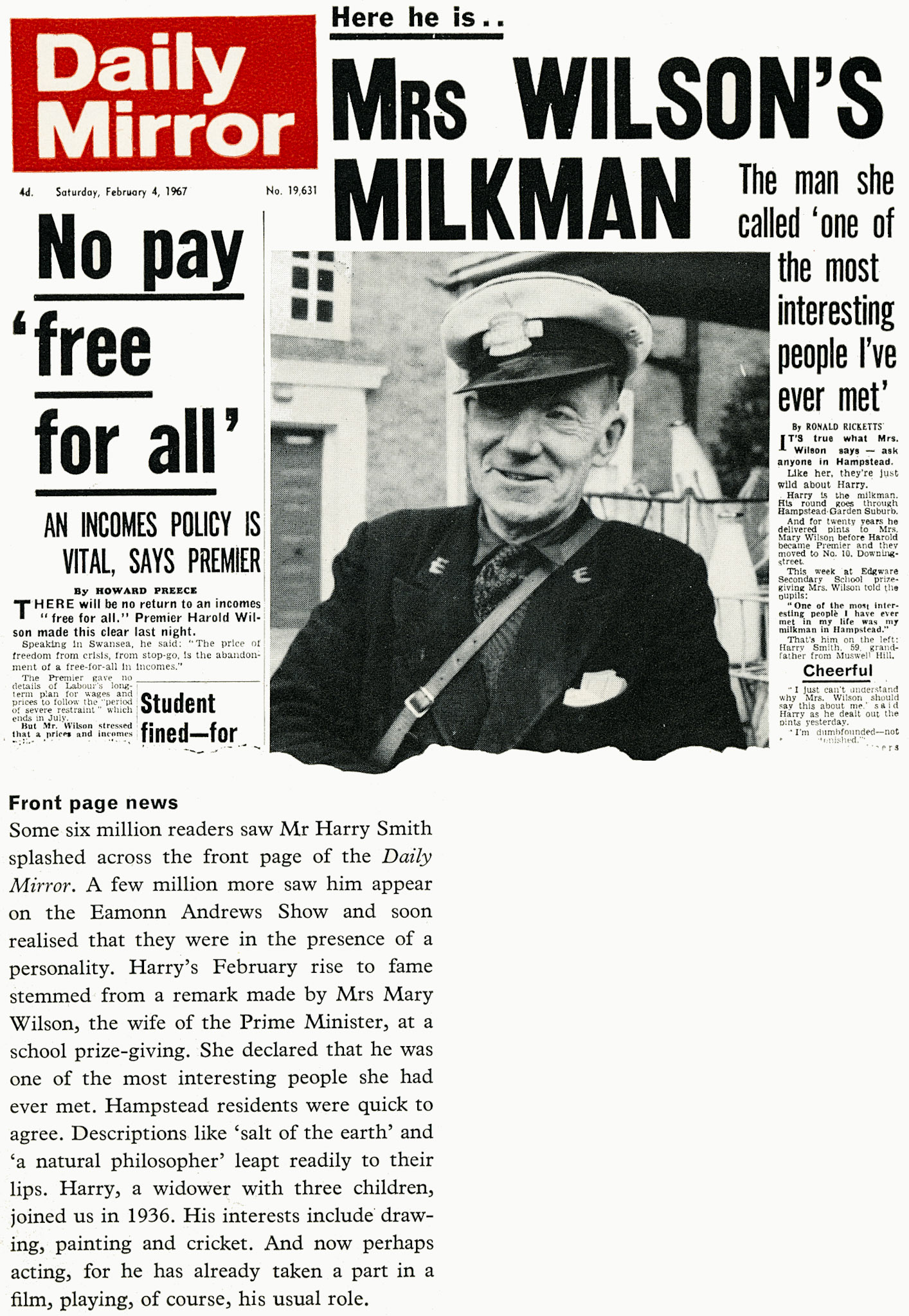 1967 Daily Mirror reports on Harry Smith, Hampstead roundsman.  (Express News Spring)