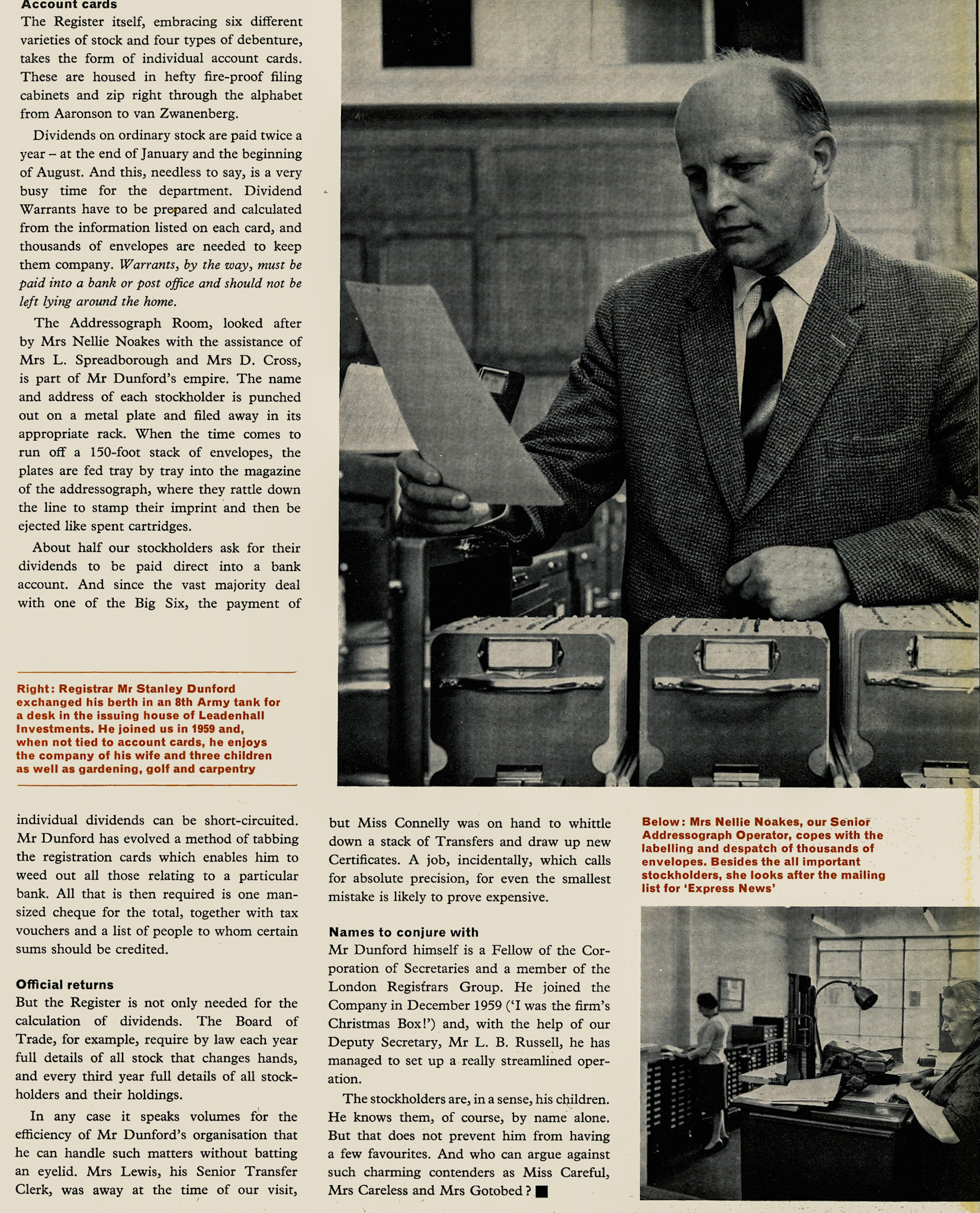 1965 Registrar's department looks after the interests of 28,000 shareholders. (Express News Summer/Autumn)