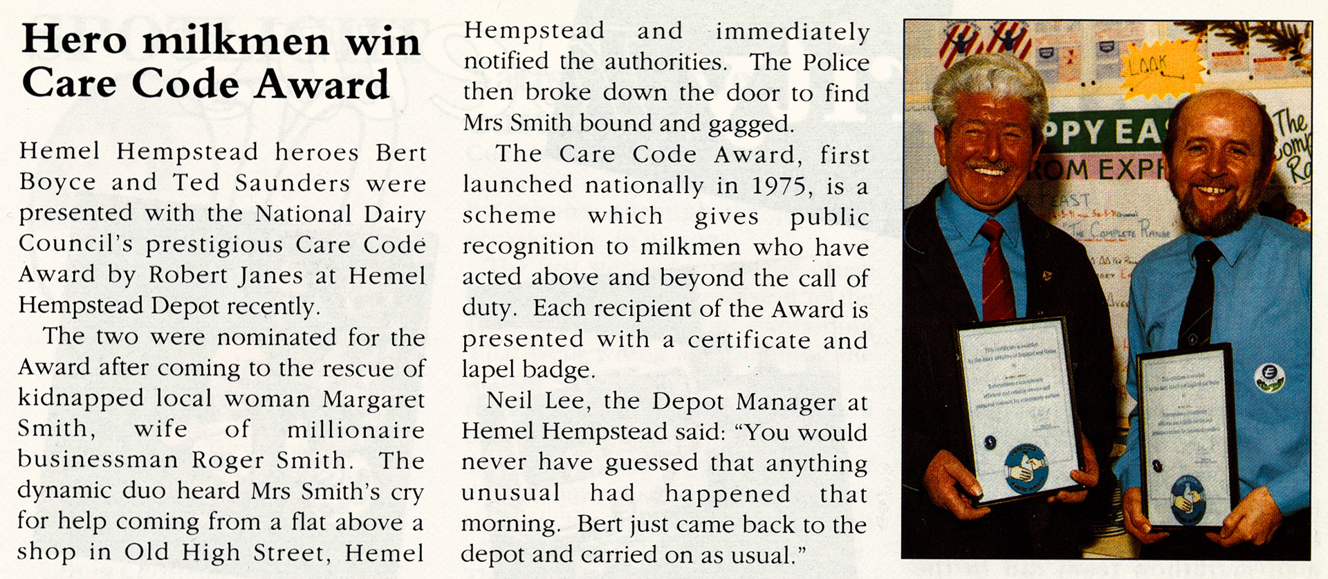 1991 Hemel Hempstead's Bert Boyce and Ted Saunders win the Care Code Award (1991 Summer Tops Magazine)