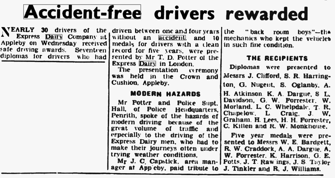 1955 Appleby drivers receive safe driving awards from Mr T.D. Potter and Police Supt. Hall, at the Crown and Cushion. (British Newspaper Archive, Penrith Observer)