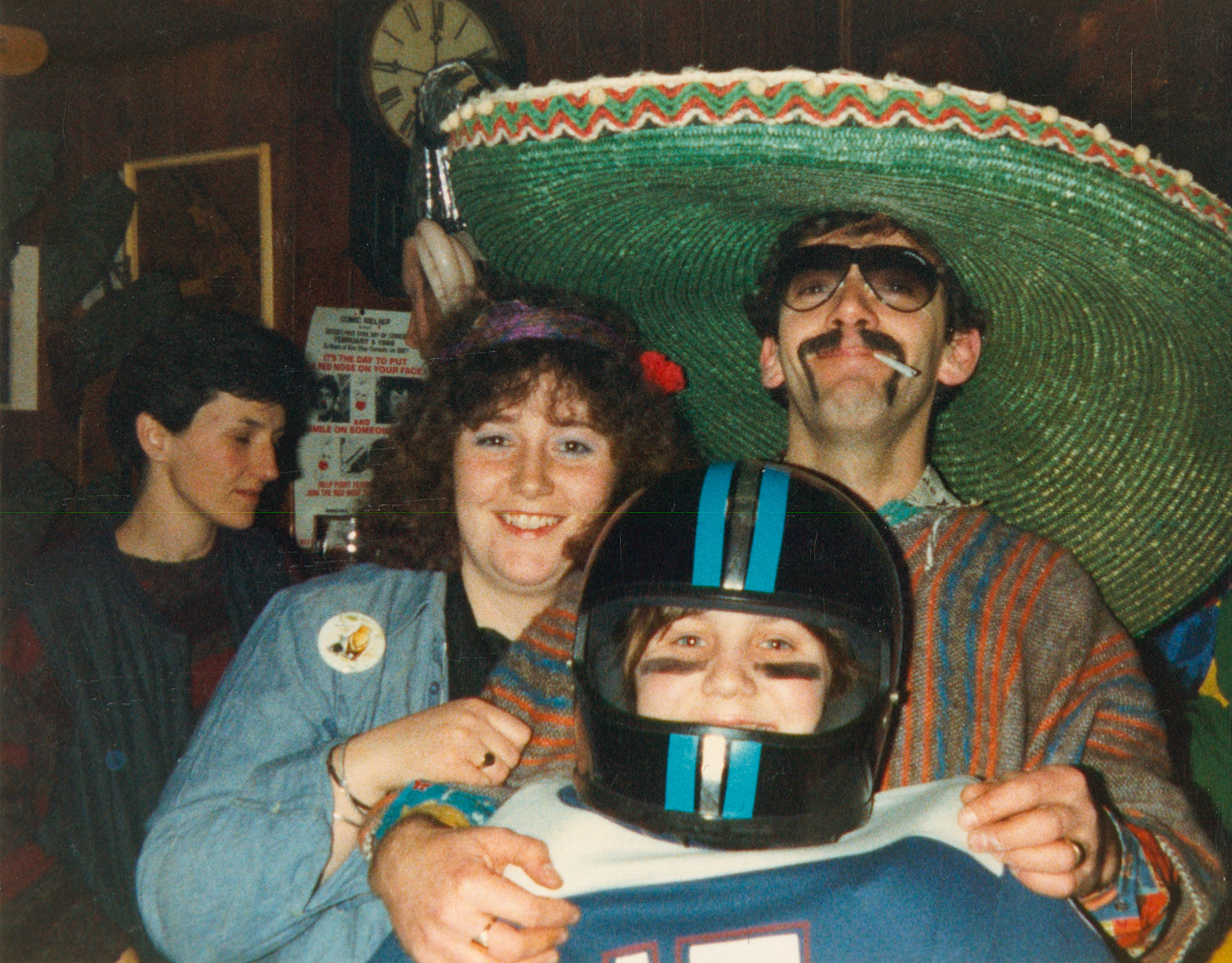 1988 Honiton staff (Karen Pearce, Jo Carter &amp; Derek Carter) celebrate the first Red Nose Day, Fountain Head Inn, Branscombe, Devon. (Courtesy Tim Pearce)