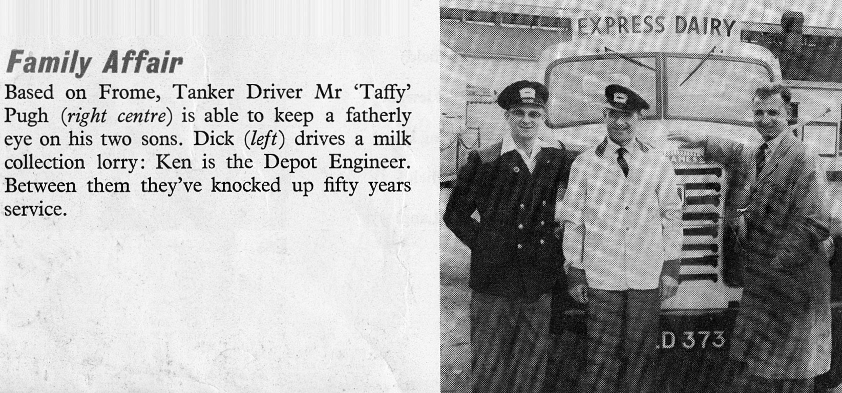 1958 Frome Tanker Driver 'Taffy' Pugh (centre) with his two sons dick Pugh (milk collection) and Ken Pugh (Depot Engineer) The picture was taken at the Express Dairy depot at Frome Station, hence the Ford Thames churn collection wagon.