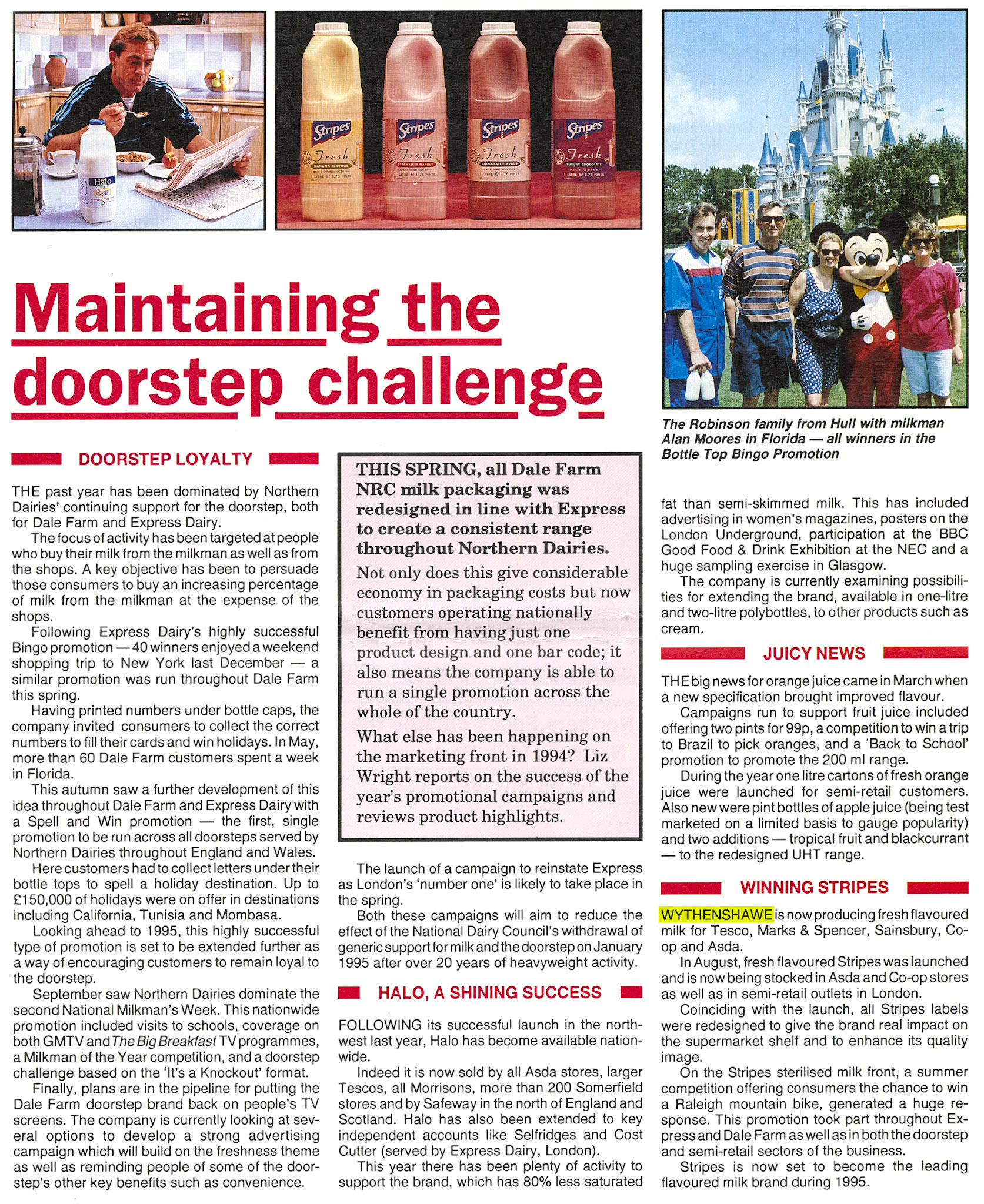 1994 'Dale Farm Newsround' reports on marketing plans for doorstep delivery, and Wythenshawe production of flavoured milk.  (Dale Farm Newsround, Winter newsletter of Northern Dairies, courtesy Paul Luke)