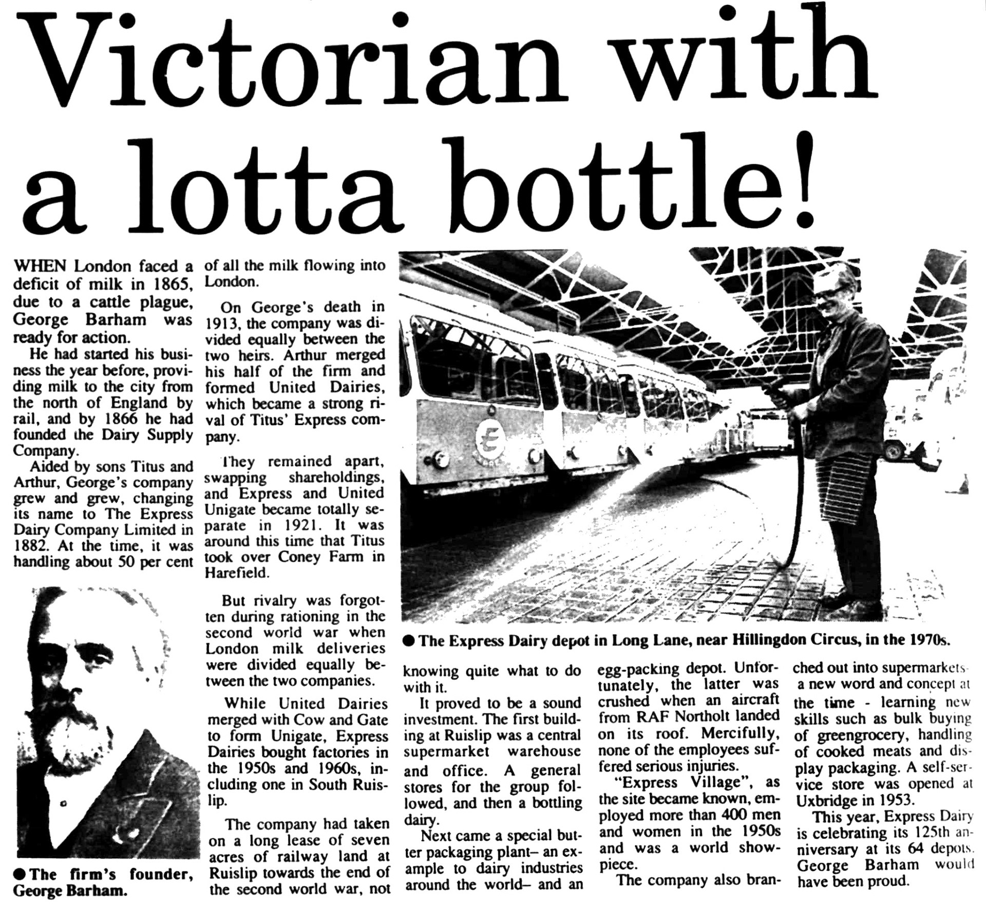 1989 Express Dairy history, South Ruislip and Long Lane Hillingdon sites are featured in this article in the Hayes &amp; Harlington Gazette, 28 June (Courtesy of THE BRITISH LIBRARY BOARD)
