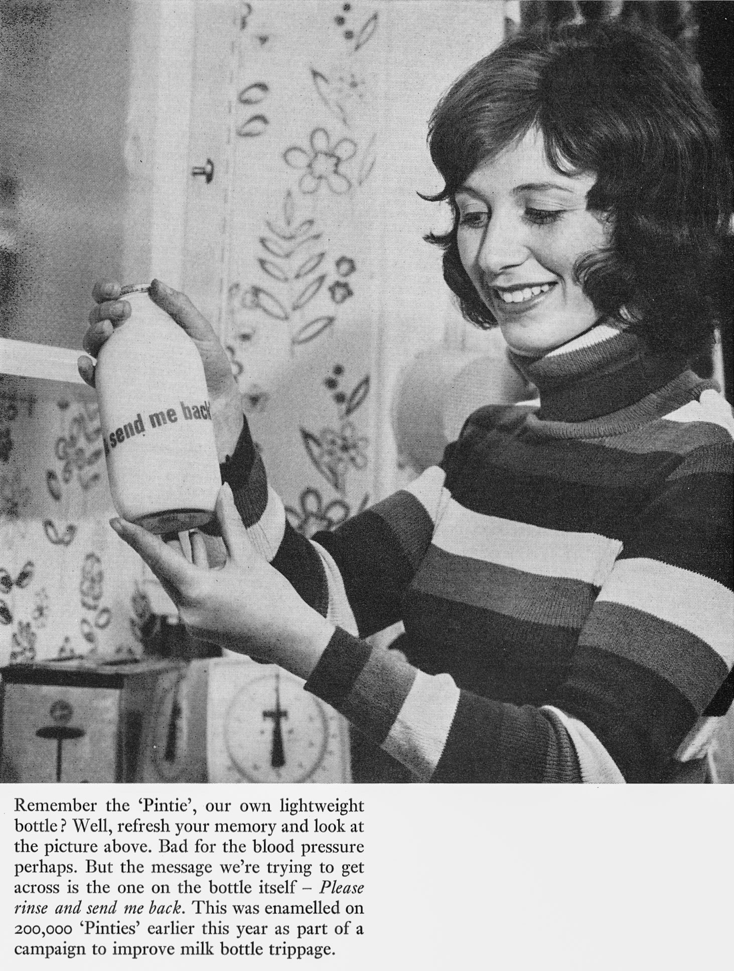 1972 'Please rinse and send me back' bottle enamelled message. (Express News Autumn)