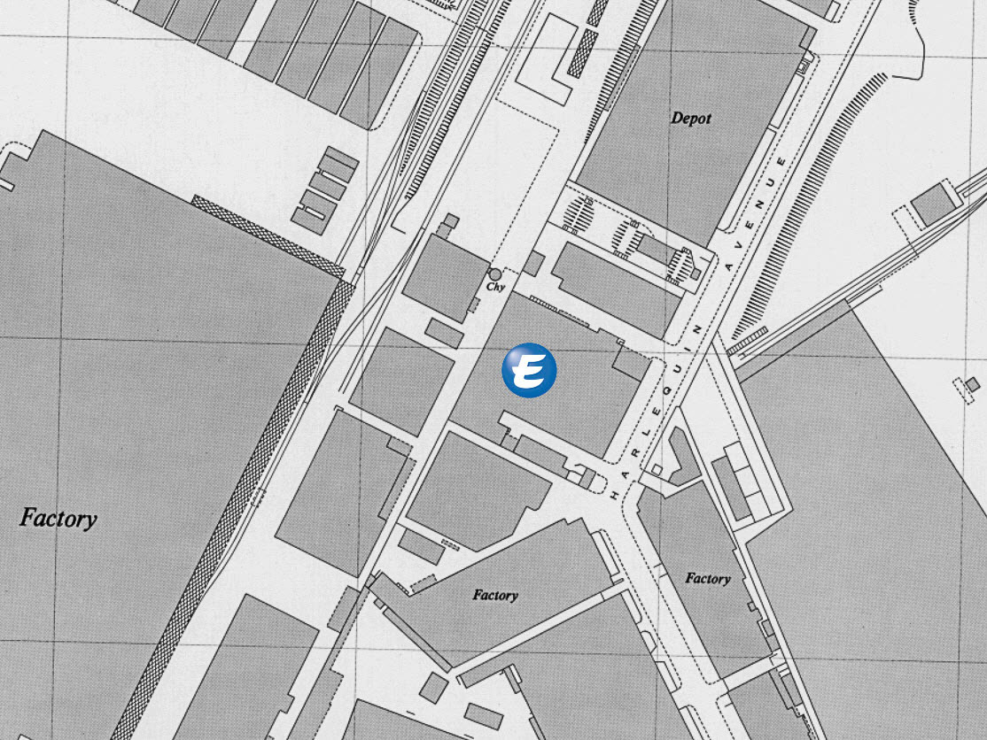 1960 Location of Brentford Express site, showing buildings in blue and with chimney (Chy) and rail siding behind. (Courtesy National Library of Scotland)