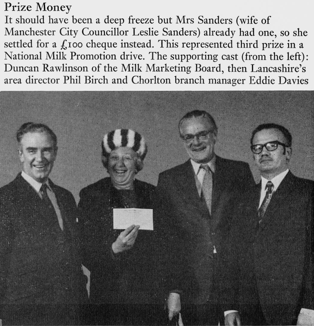 1974 Milk Promotion competition prize winners - Lancashire Area Director Phil Birch and Chorlton Branch Manager Eddie Davies.  (Express News Summer)