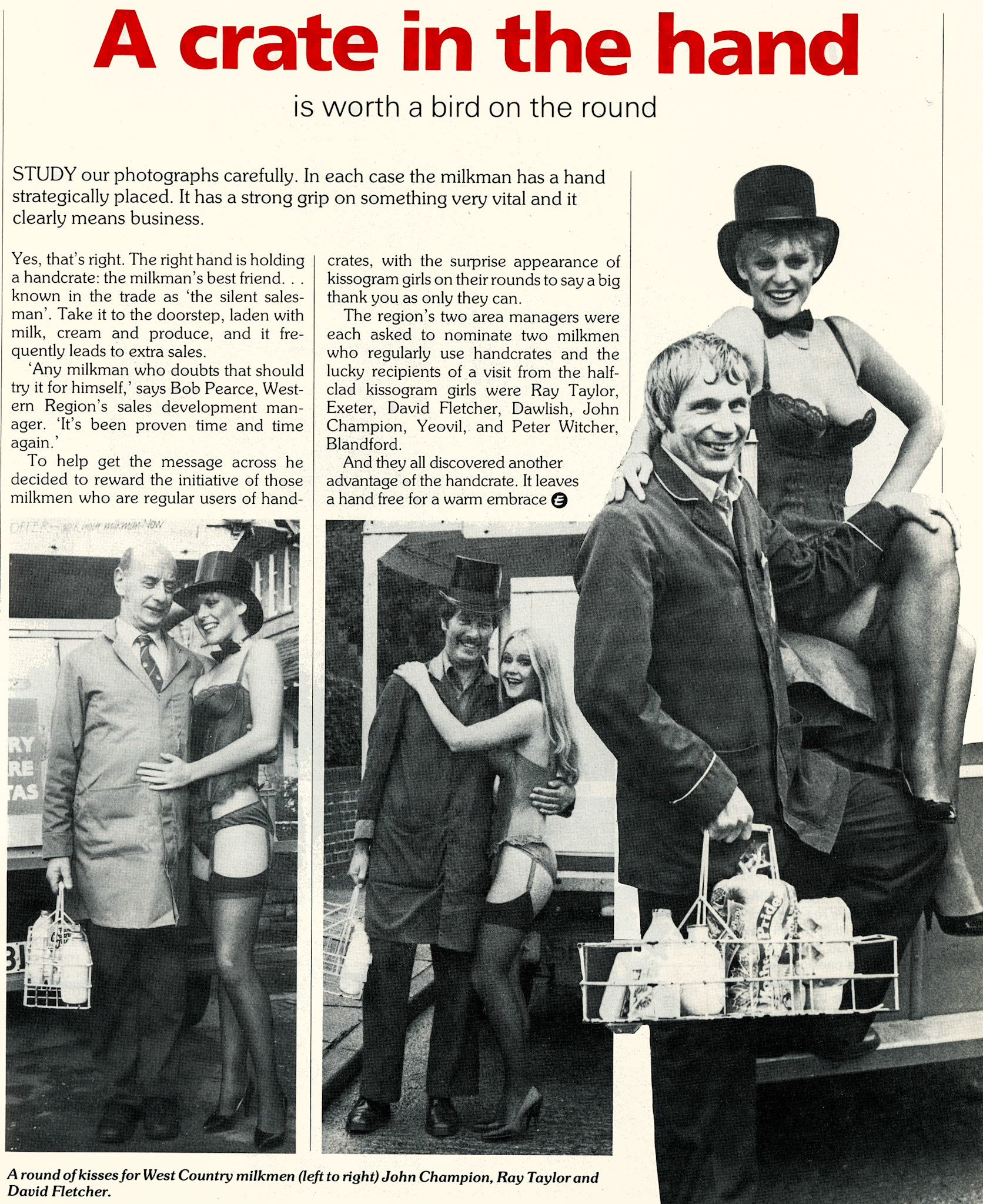 1984 West Country milkman see the advantages of using hand crates - John Champion (Yeovil, Ray Taylor (Exeter) and David Fletcher (Dawlish). (Express News Winter)