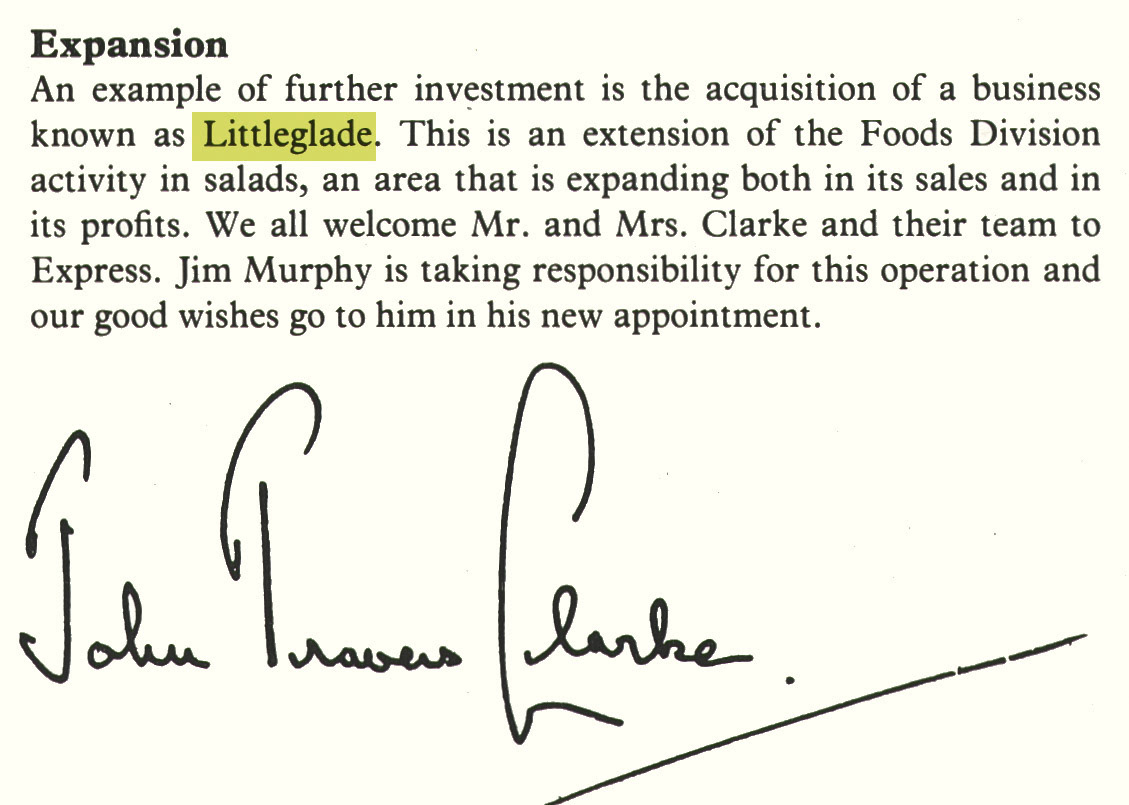 1979 John Travers Clarke announces the purchase of Littleglade (salads) who were based in Ebberns Road, Hemel Hempstead. (Express News Summer)
