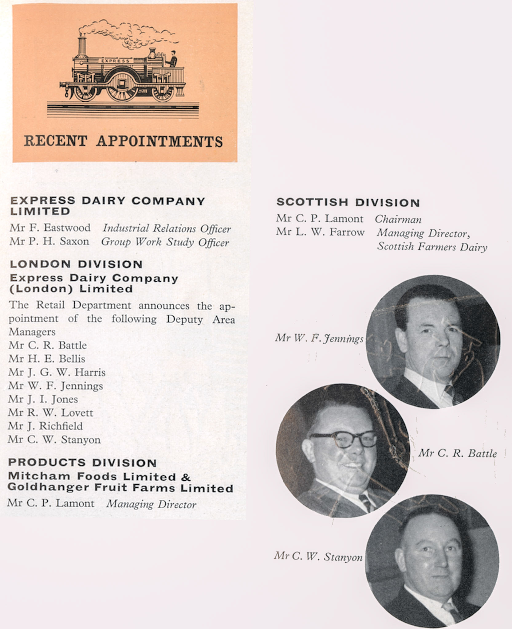 1961 Recent Appointments for Express Dairy Company, London Retail, Products Division and Scottish Division. (Express News Summer)