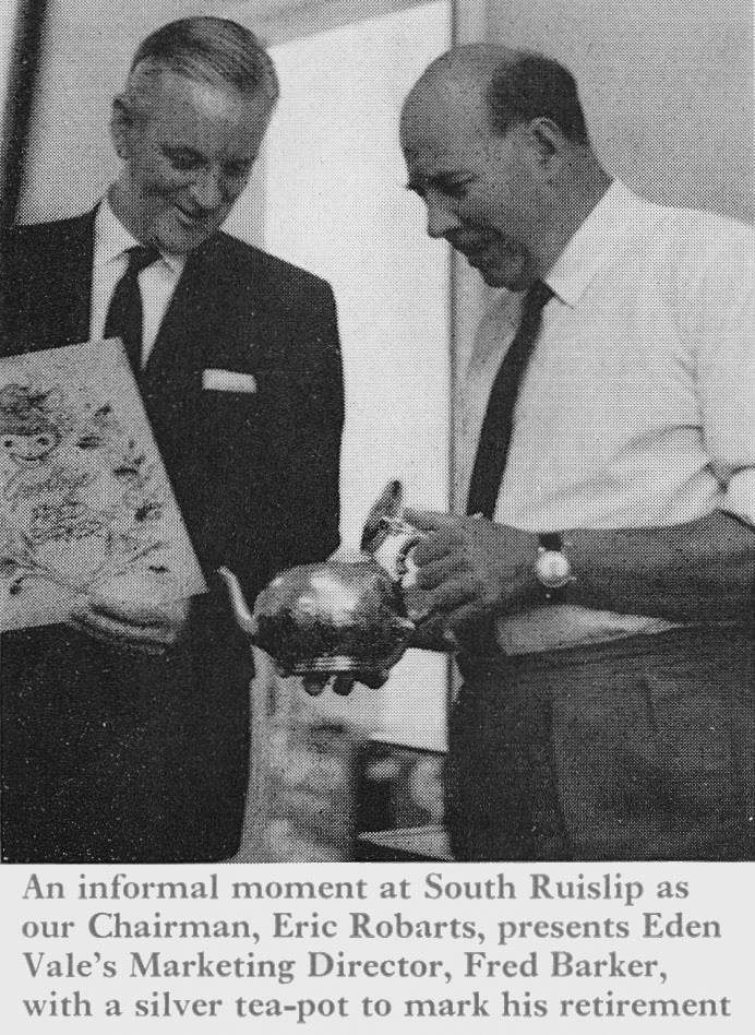 1970 Eden Vale Marketing Director Fred Barker retires, with presentation by Eric Robarts. (Express News Autumn)