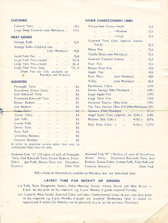 1965 Hawley's Bakeries, Moseley Road, Birmingham-Price List. (Courtesy Andy Sintome)