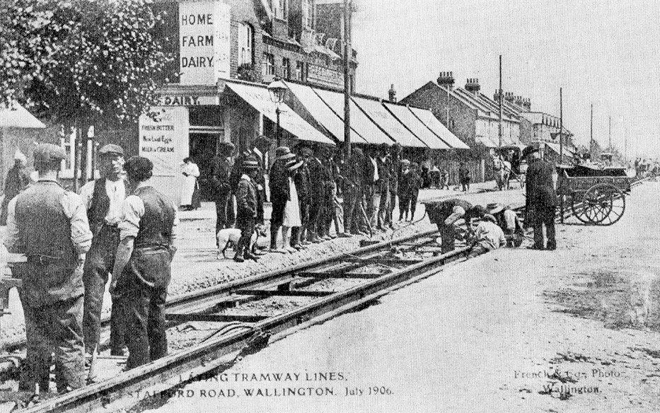 1906 Stafford Road-Clyde Road junction with tramway being laid. Home Farm Dairy shop on the corner.