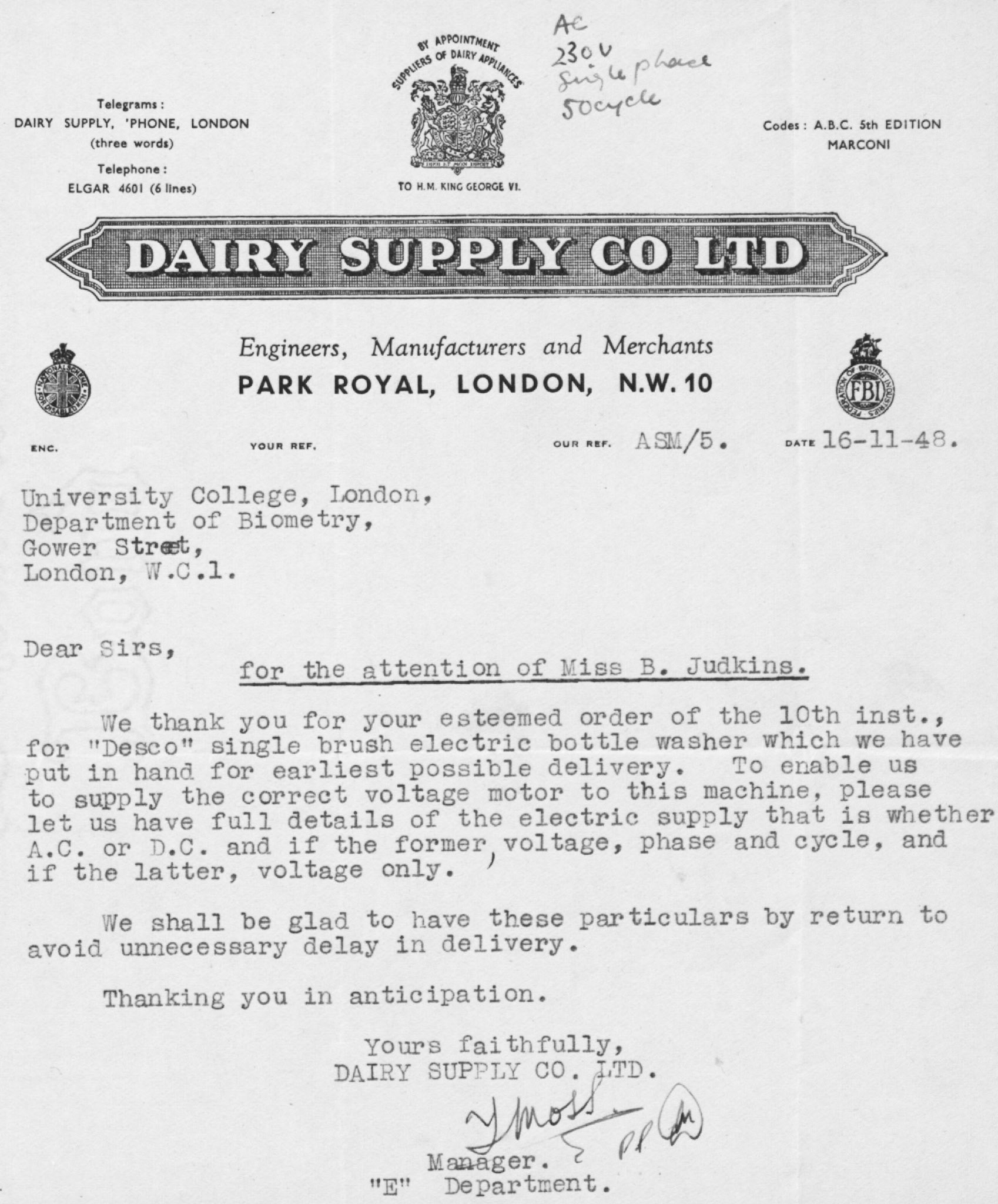 1948 Letter from the Dairy Supply Company to J B S Haldane, UCL (Courtesy Wellcome Collection)