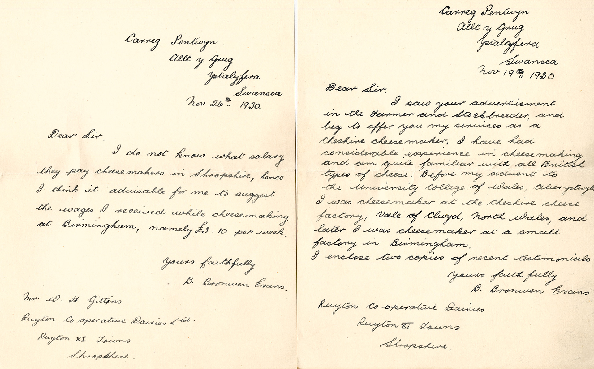 1930 Ruyton Co-operative Dairies-Cheesemaker Job Applications-Miss Bertha Bronwen Evans.