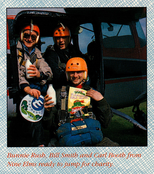 1991 Nine Elms staff jumping for charity!  (1991 Summer Tops Magazine)