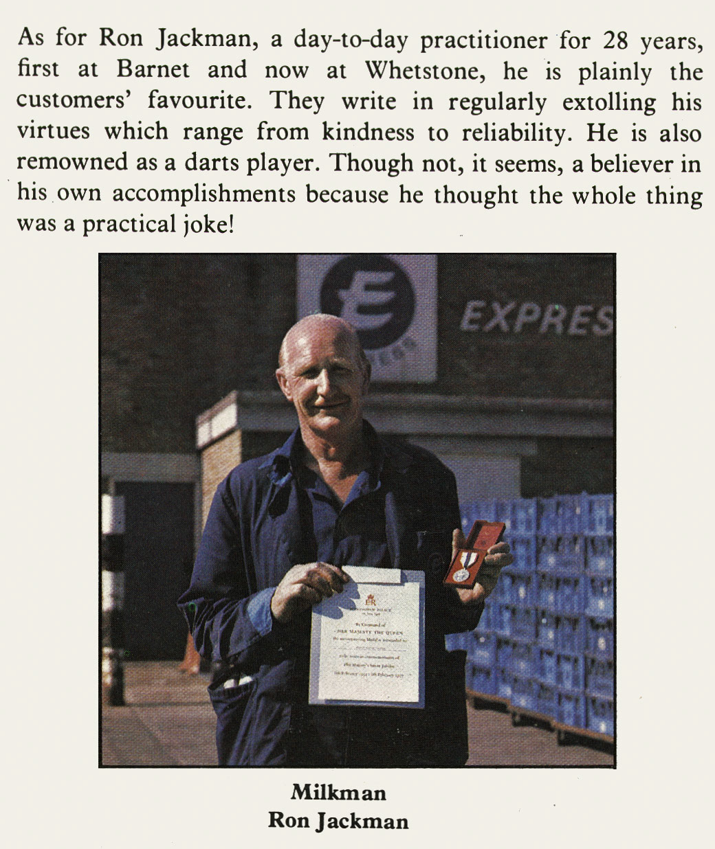 1977 Whetstone milkman Ron Jackman receives an award. (Express News Autumn)