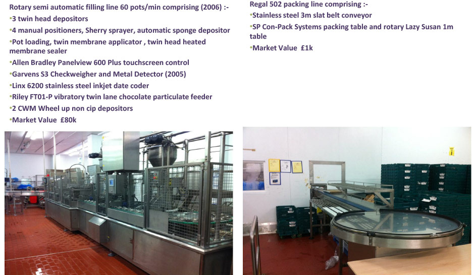 2012 Minsterley: Desserts Filling Equipment-Regal 502 71/80/95mm 2 pot semi-automatic filling line.  (Greencore Asset Sale on purchase by Muller, Courtesy Paul Bloor)