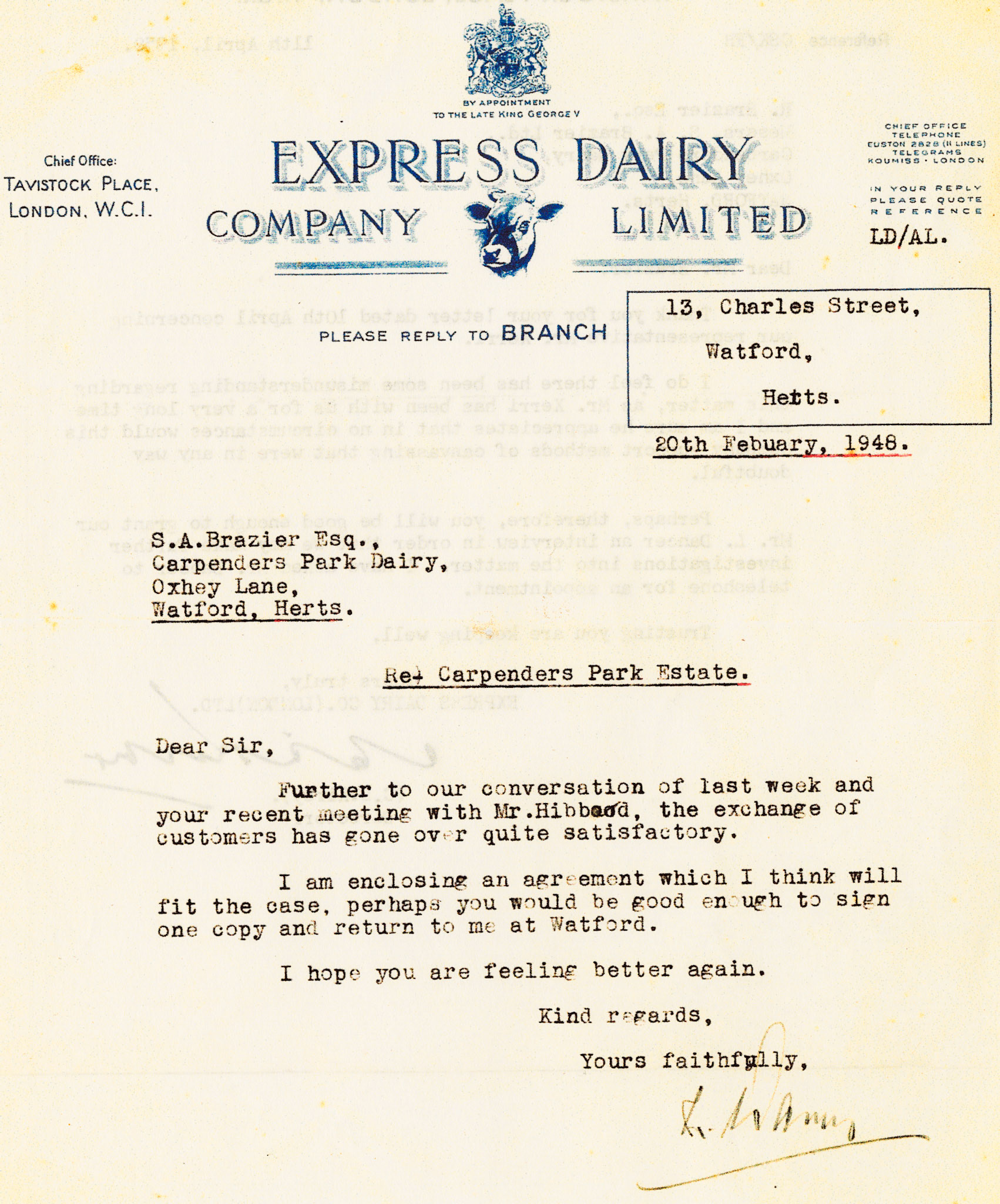 1948 Letter with Tavistock Place letter heading, relating to Braziers at Watford (Courtesy Michael Aldread)