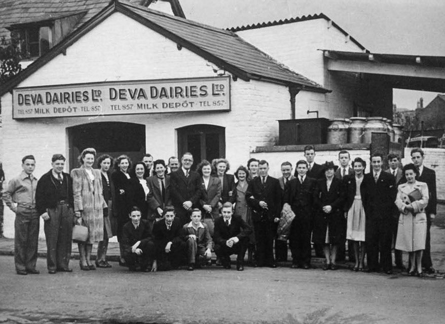 1950's? Deva Dairies' Boughton Depot. Sue comments "My Mum and Dad are in it, and John (Jack) Williams. Dad was Malcolm McCrimmon (Mac), back row fifth from the right (short guy!) with my Mum Jean (née Taylor)". (Courtesy Sue Needham)