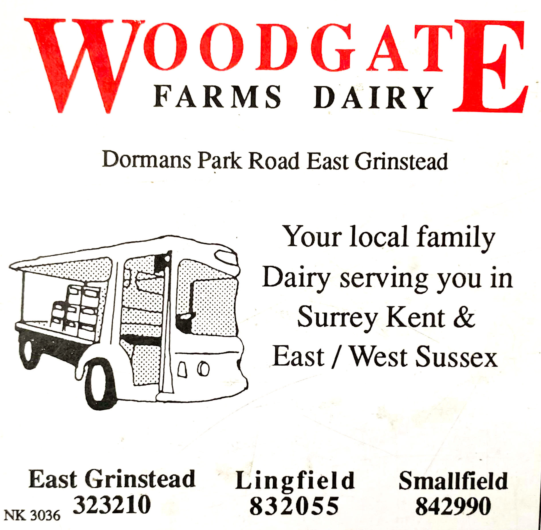 1990 Richard Evans comments "This advert appeared in a local estate agents Payne &amp; Co East Grinstead street map &amp; folder, who I worked after leaving Crowhurstlands Dairy in 1990." (Courtesy Richard Evans, Memories of Woodgate Farms Dairy)