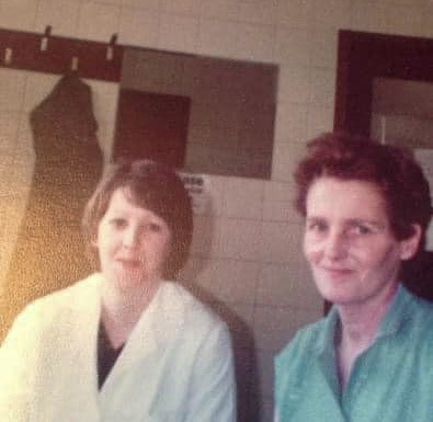 1980's Minsterley. Lorraine Fletcher comments "At Express Dairy Cottage Cheese Dept, I think. Mum Maureen Ruff on the right, Barbara Carswell left" (Courtesy Lorraine Fletcher)