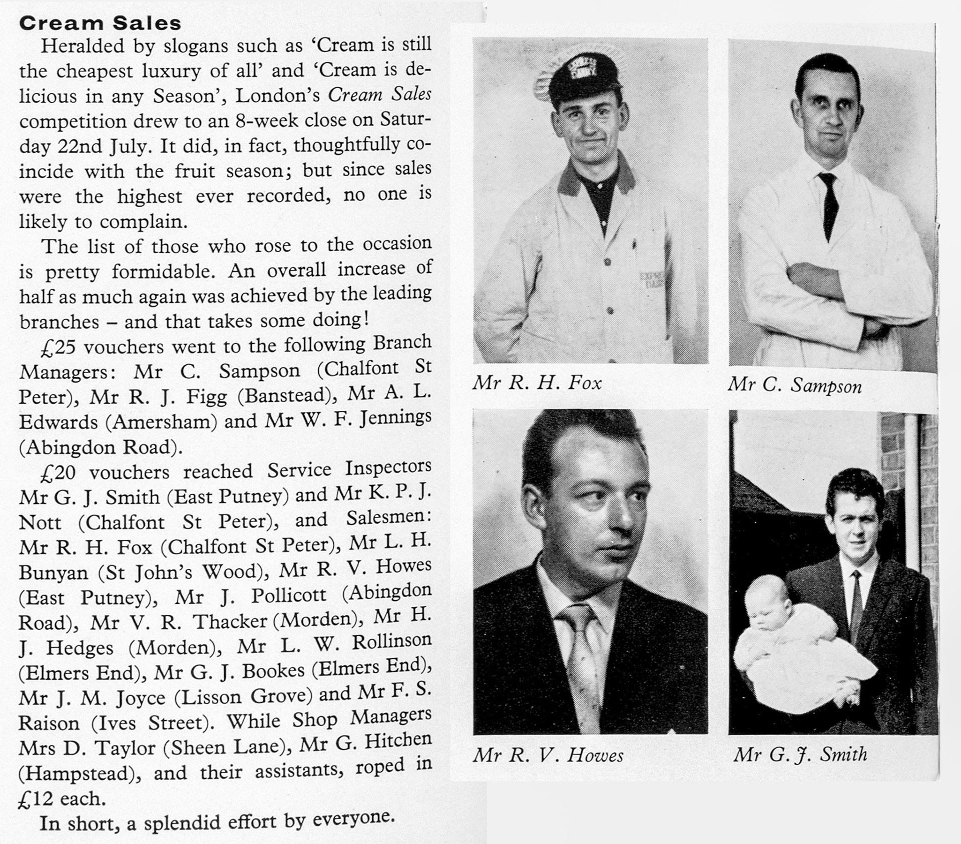 1961 Cream Sales Competition winners Mr R.H. Fox and Mr C 'Charles' Sampson (Chalfont St Peter), Mr R.V. Howes and Mr G.J. Smith (East Putney). (Express News Autumn)