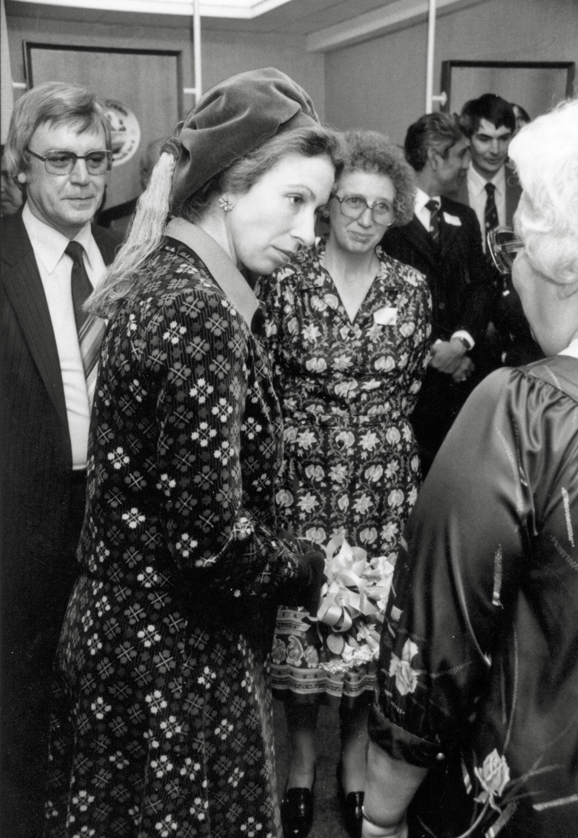 1980 Princess Anne talking to Canteen Manageress Phyllis Summerbee with Keith Farrell and Mary Reeves (Canteen Superintendant) looking on.