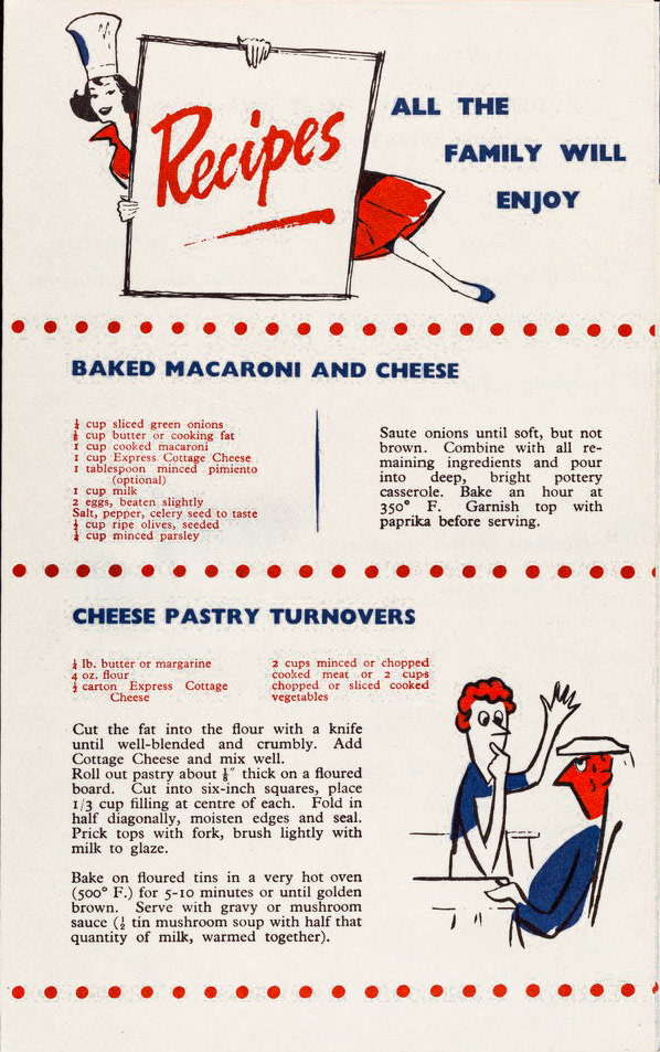 1957 Recipe leaflet introducing and advertising cottage cheese. Printed in black, red and blue on white paper. Front page has a line illustration of a young woman in red slacks and blue and white banded matelot shirt sitting on a tub of Express Cottage Cheese. The recipes are illustrated with humorous cartoons. (Courtesy Wellcome Collection)