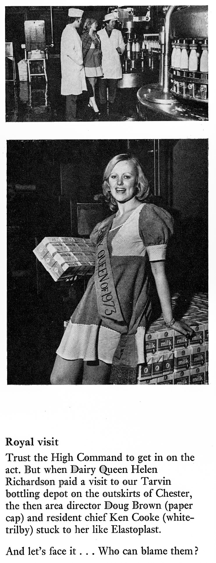 1974 Dairy Queen Helen Richardson visits Tarvin Processing. (Courtesy Doreen Williams)