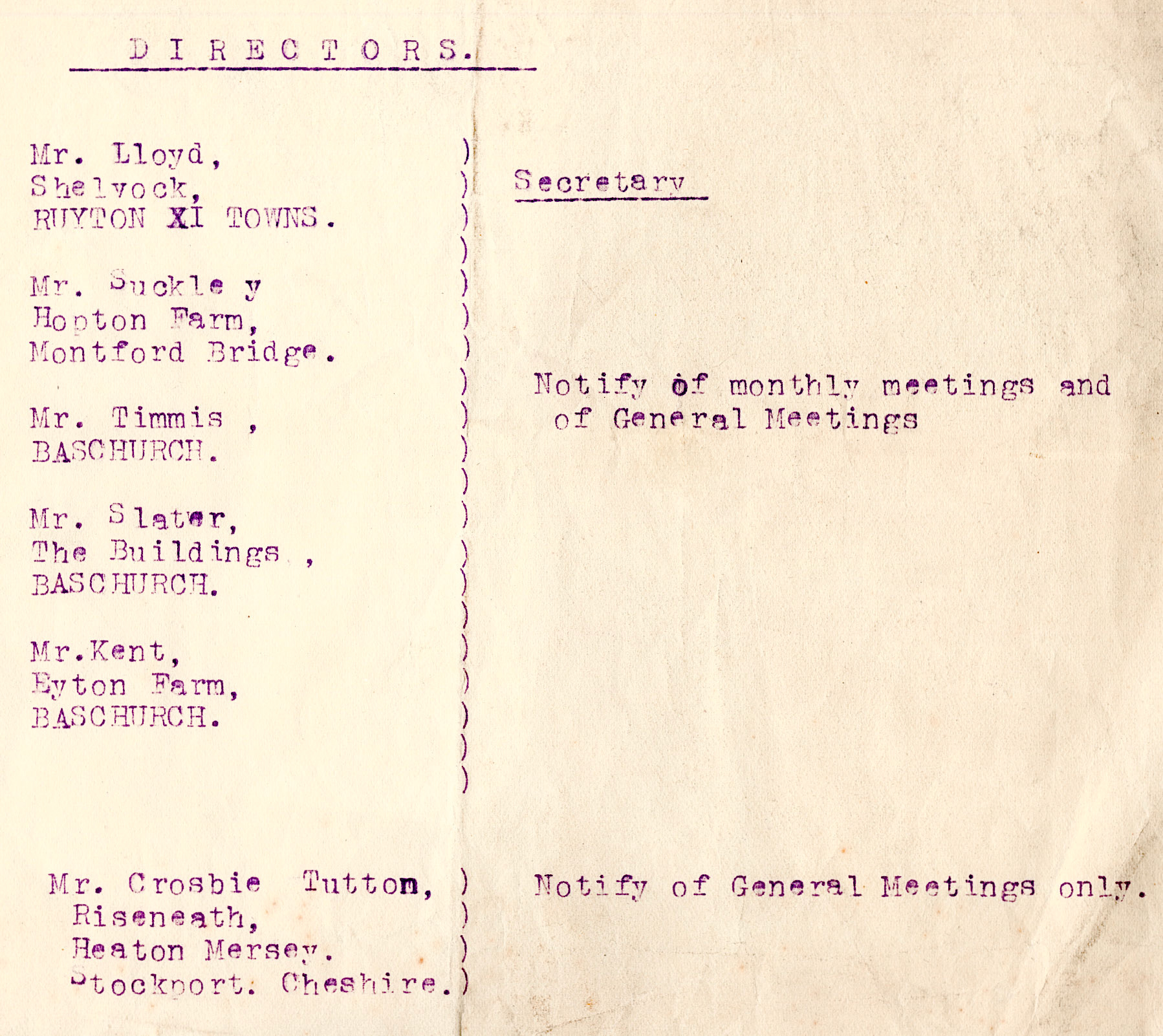1922 List of Directors of the Company, with Mr Lloyd of Shelvock, Ruyton as Secretary.