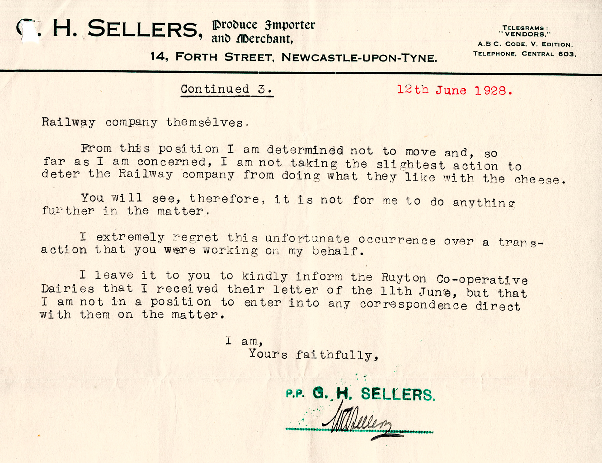 1928 Correspondence regarding a dispute between Ruyton Co-operative Dairies, the Great Western Railway, and Mr G.H. Sellers of Newcastle on Tyne about a cheese delivery that was refused.