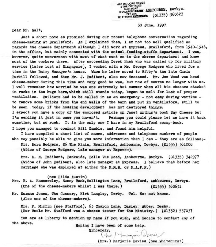 1997 Interesting letter about the history of Brailsford Creamery, from Mrs Marjorie Davies, who worked at the creamery from 1940-46. (Courtesy Alan Salt)