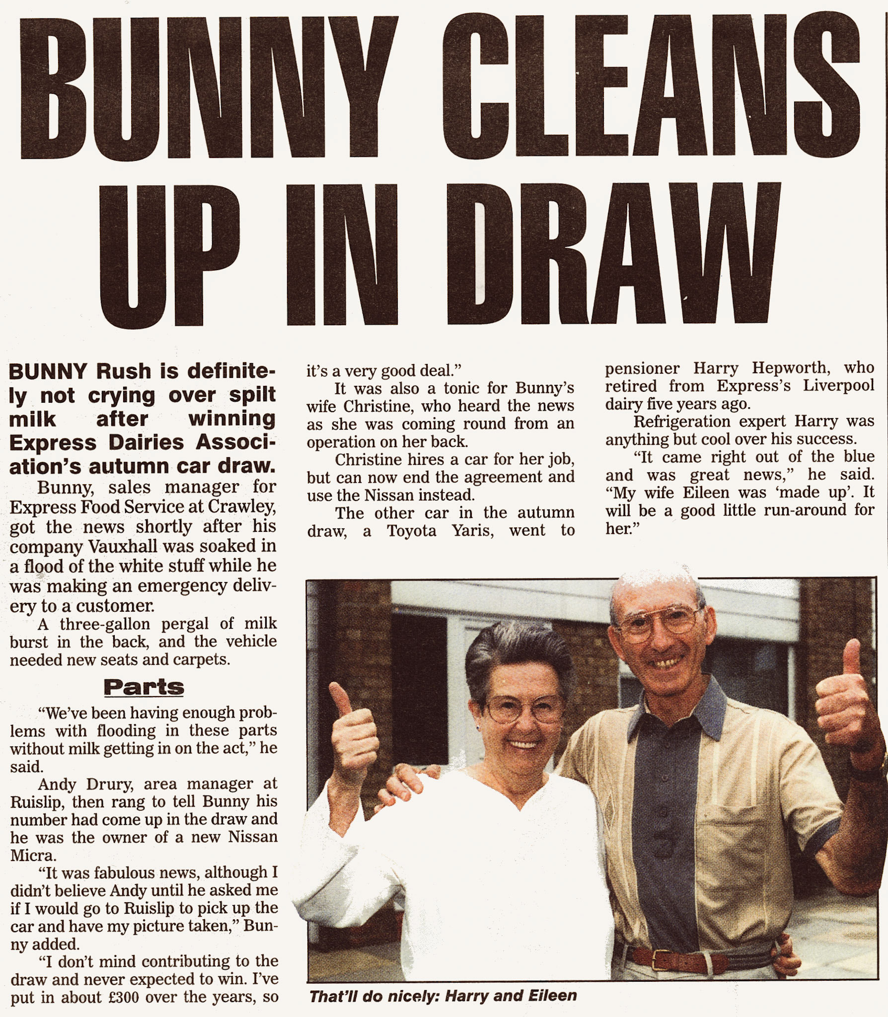 2000 Crawley sales manager Bunny Rush wins car competition. Paul Batchelor comments "I remember Bunny Rush at Three Bridges depot in Crawley and Nine Elms. A great manager, always had a smile on his face. Andy Drury was a great manager, and Area Manager when he was promoted. I had many dealings with them both about their transport. (Courtesy Michael Aldread)