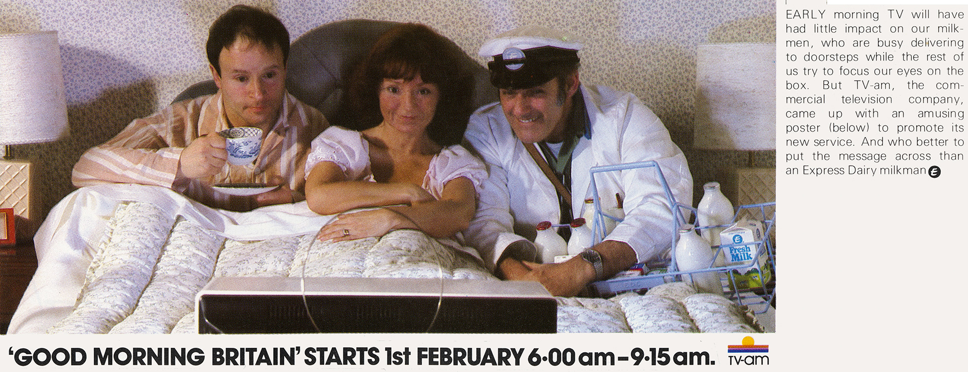 1983 TV-AM launch 'Good Morning Britain' show with an Express milkman sharing the bed! (Express News Spring)