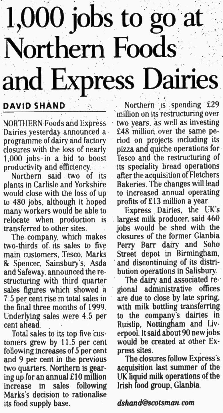 2000 Northern Foods & Express Dairies announce 1000 job losses, as reported in The Scotsman, 26 January. (Courtesy of THE BRITISH LIBRARY BOARD)