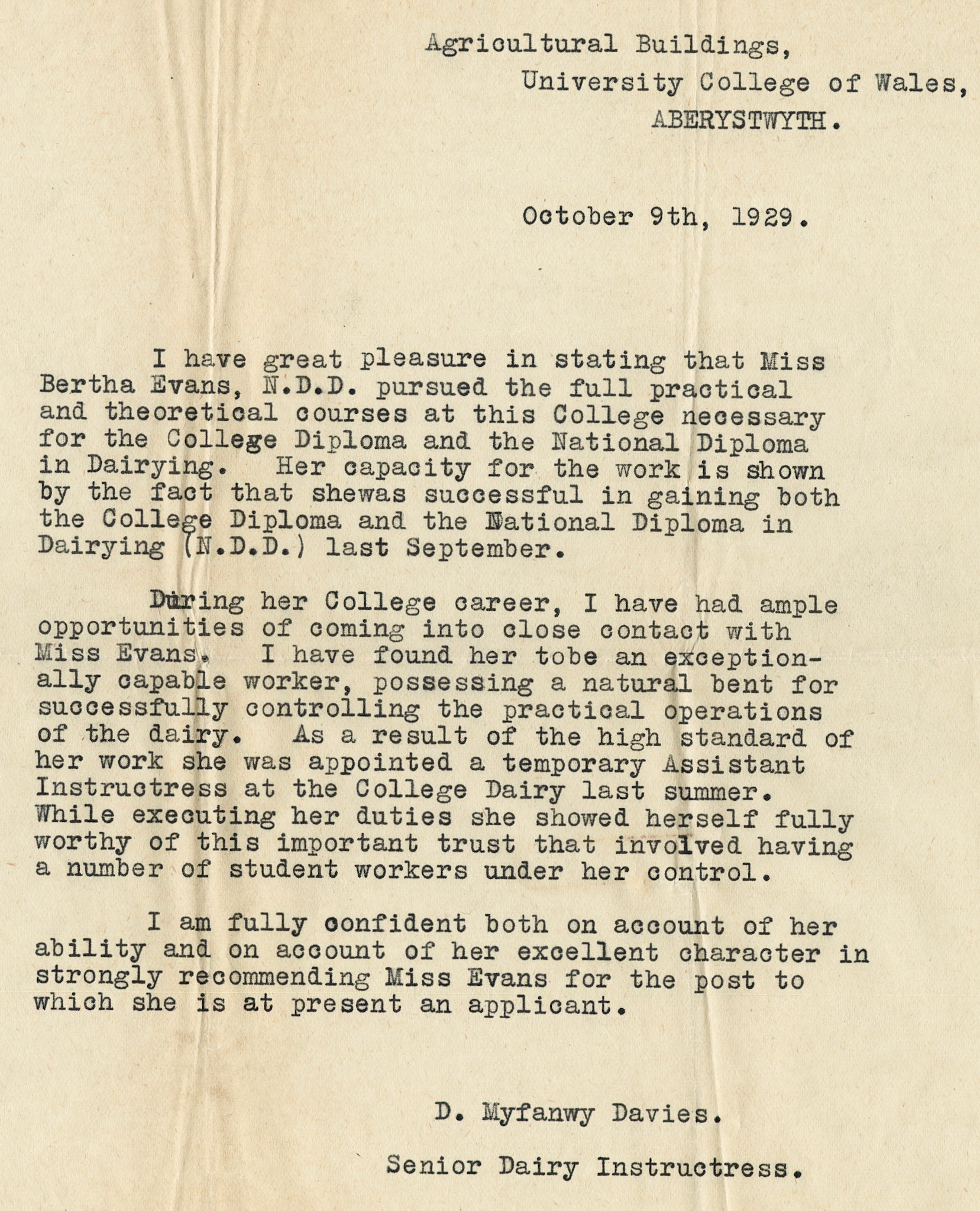 1930 Ruyton Co-operative Dairies-Cheesemaker Job Applications-Miss Bertha Bronwen Evans.