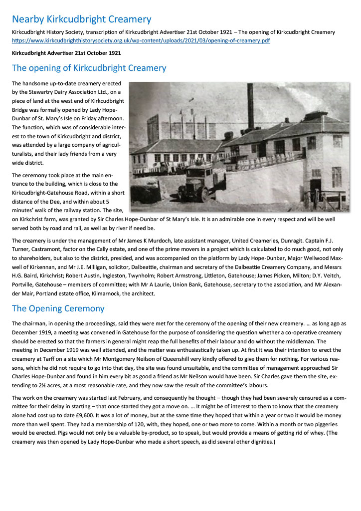 History of Holywood Creamery and nearby Kirkudbright Creamery opening. (Express Dairy Tales publication)