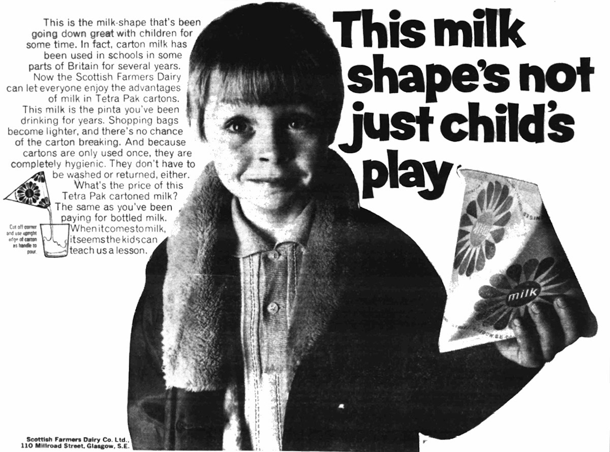 1967 Scottish Farmers advertise Tetra Pak cartons for the same price as glass bottles. (Courtesy Wishaw Press - Friday 22 September)