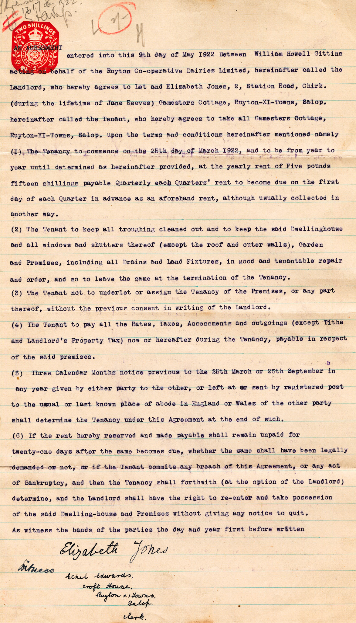 1922 Rent Agreement between RCD and Elizabeth Jones, for Gamesters Cottage.