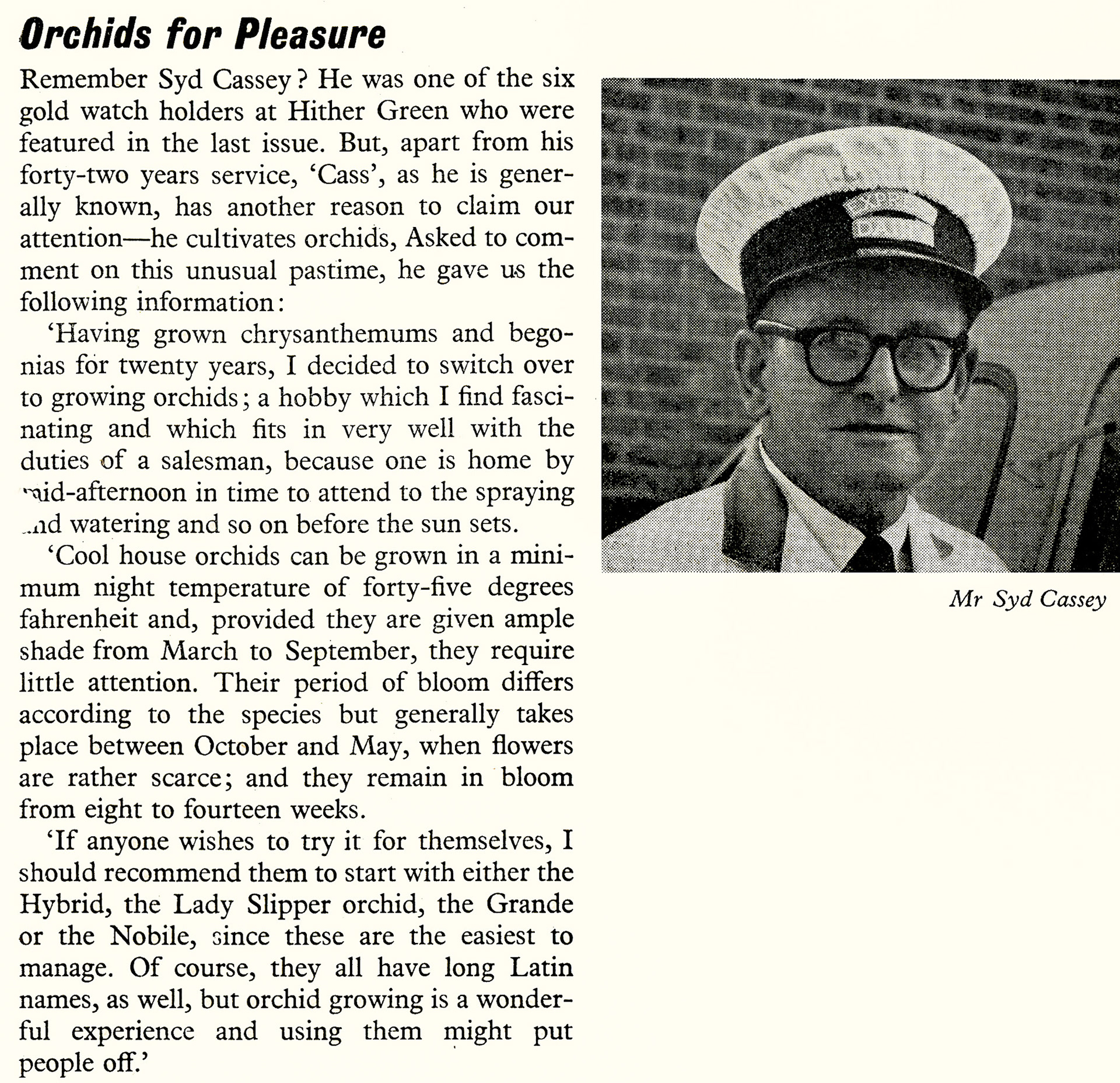 1956 Hither Green milkman Syd Cassey has 42 years service and explains his hobby, growing orchids.  (Express News April)
