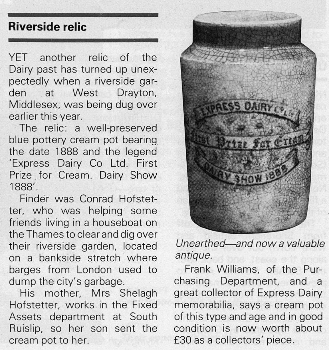 1888 Cream jar found in 1984 at West Drayton, Middlesex