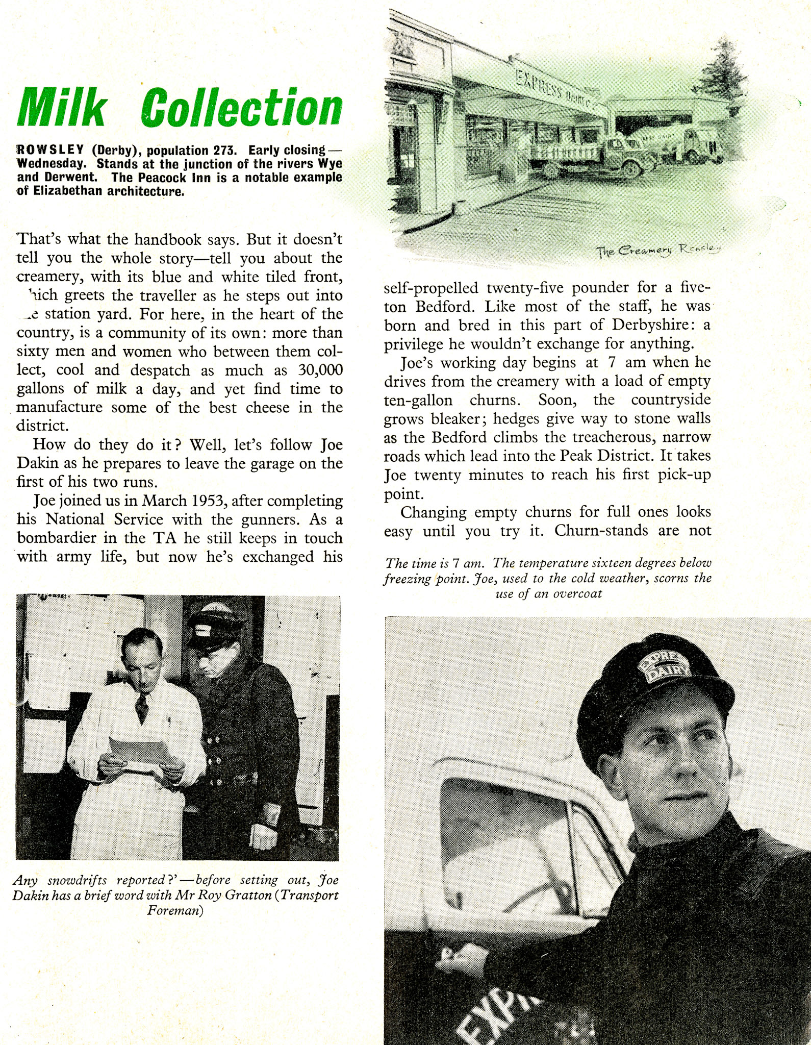 1956 Rowsley milk collection article featuring churn lorry driver Joe Dakin, Transport Foreman Roy Gratton, Laboratory Supervisor P. Redshaw and Dairy Manager David Allsop.  (Express News April)
