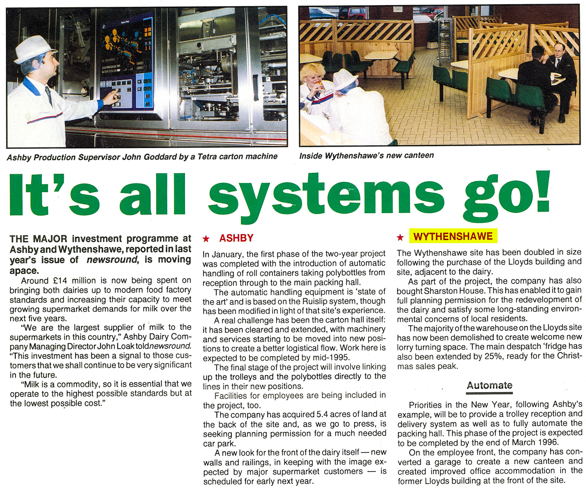1994 'Dale Farm Newsround' reports on investment at Wythenshawe and Ashby. (Dale Farm Newsround, Winter newsletter of Northern Dairies, courtesy Paul Luke)